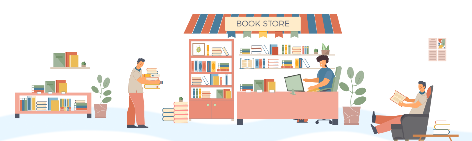 서점의 일상을 표현한 일러스트. 직원과 고객, 서가의 모습