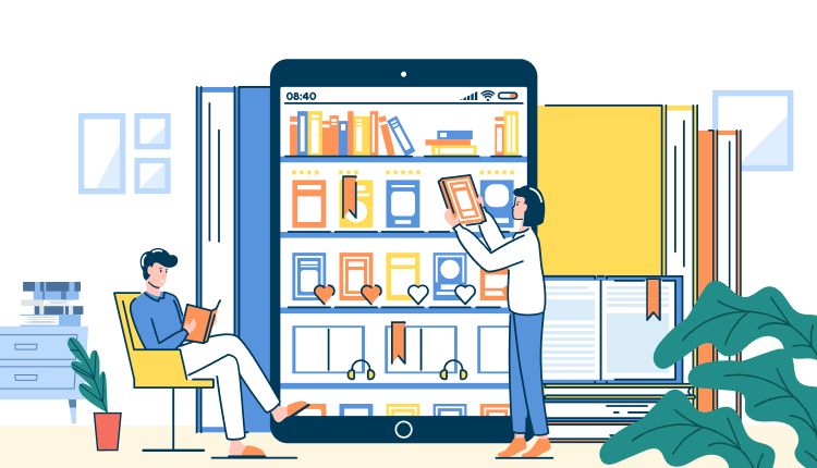 
디지털 서점과 독서를 표현한 일러스트
