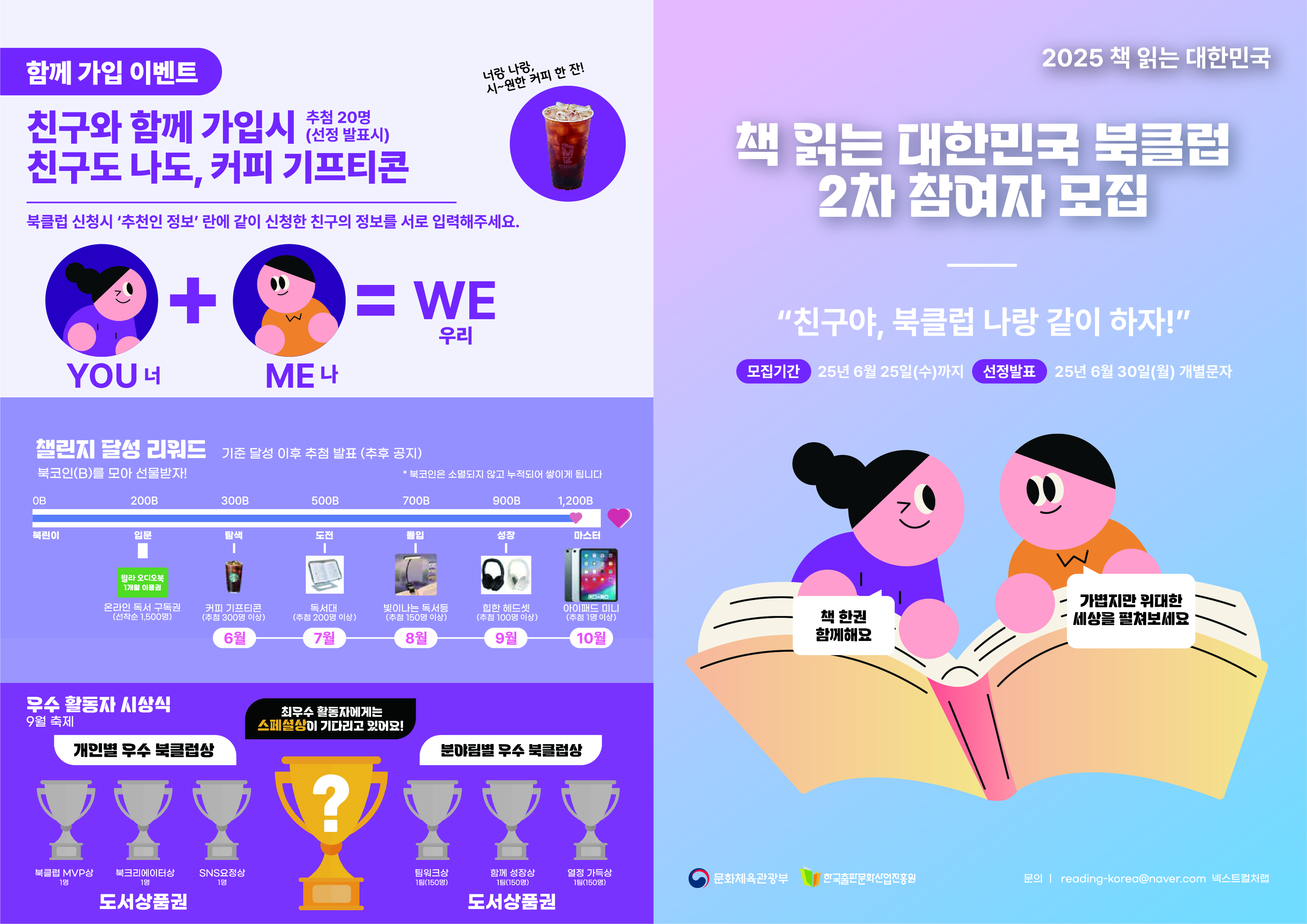 
함께 가입 이벤트
너랑 나랑 시~원한 커피 한 잔
친구와 함께 가입시 친구도 나도, 커피 기프티콘
추첨 20명 (선정 발표시)
북클럽 신청시 추천인 정보 란에 같이 신청한 친구의 정보를 서로 입력해주세요
YOU 너 + ME 나 = WE 우리
챌린지 달성 리워드
기준 달성 이후 추첨 발표 (추후 공지)
북코인(B)를 모아 선물받자
북코인은 소멸되지 않고 누적되어 쌓이게 됩니다
0B : 북린이
200B : 입문. 휠라 오디오북 1개월 이용권. 온라인 독서 구독권 (선착순 1500명)
300B : 탐색. 커피 기프티콘 (추첨 300명 이상) 6월
500B : 도전. 독서대 (추첨 200명 이상) 7월
700B : 몰입. 빛이 나는 독서등 (추첨 150명 이상) 8월
900B : 성장. 힙한 헤드셋 (추첨 150명 이상) 8월
1200B : 마스터. 아이패드 미니 (추첨 1명 이상) 10월
우수 활동자 시상식 9월 축제
최우수 활동자에게는 스페셜상이 기다리고 있어요!
개인별 우수 북클럽상 : 북클럽 MVP상 1명, 북크리에이터상 1명, SNS요정상 1명. 도서상품권
분야별 우수 북클럽상 : 팀워크상 1팀(150명), 함께성장상 1팀(150명), 열정가득상 1팀(150명). 도서상품권
책 읽는 대한민국 북클럽 2차 참여자 모집
친구야 북클럽 나랑 같이 하자
모집기간 : 25년 6월 25일(수) 까지
선정발표 : 25년 6월 30일(월) 개별문자
책한권 함께해요
가볍지만 위대한 세상을 펼쳐보세요
문화체육관광부. 한국출판문화산업진흥원
문의 : reading-korea@naver.com 넥스트컬처랩
