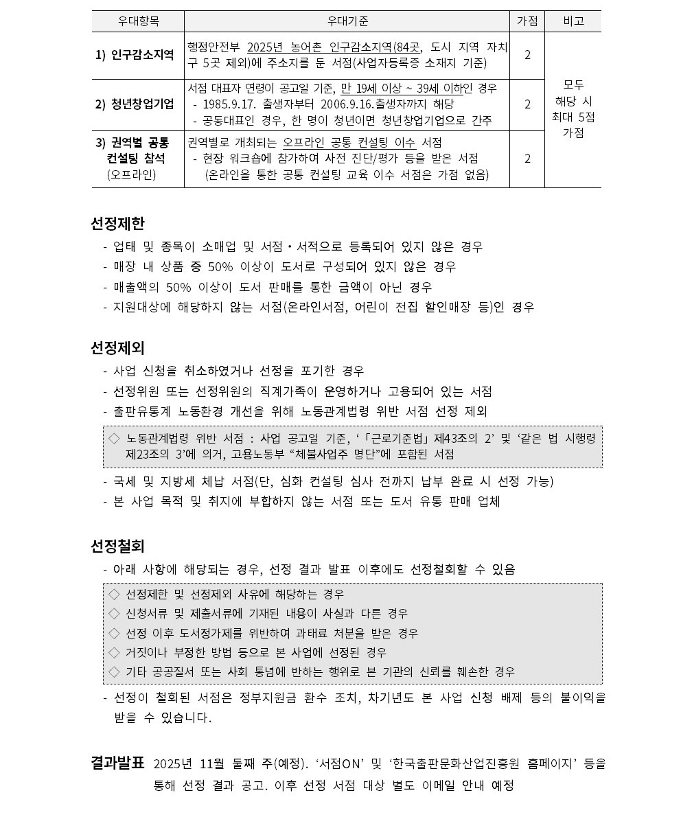 
첨부파일1 : 붙임1. 2025년 권역별 선도서점 육성 사업 단계별 컨설팅 참여서점 모집 공고문.pdf 내 5페이지 캡쳐 이미지
