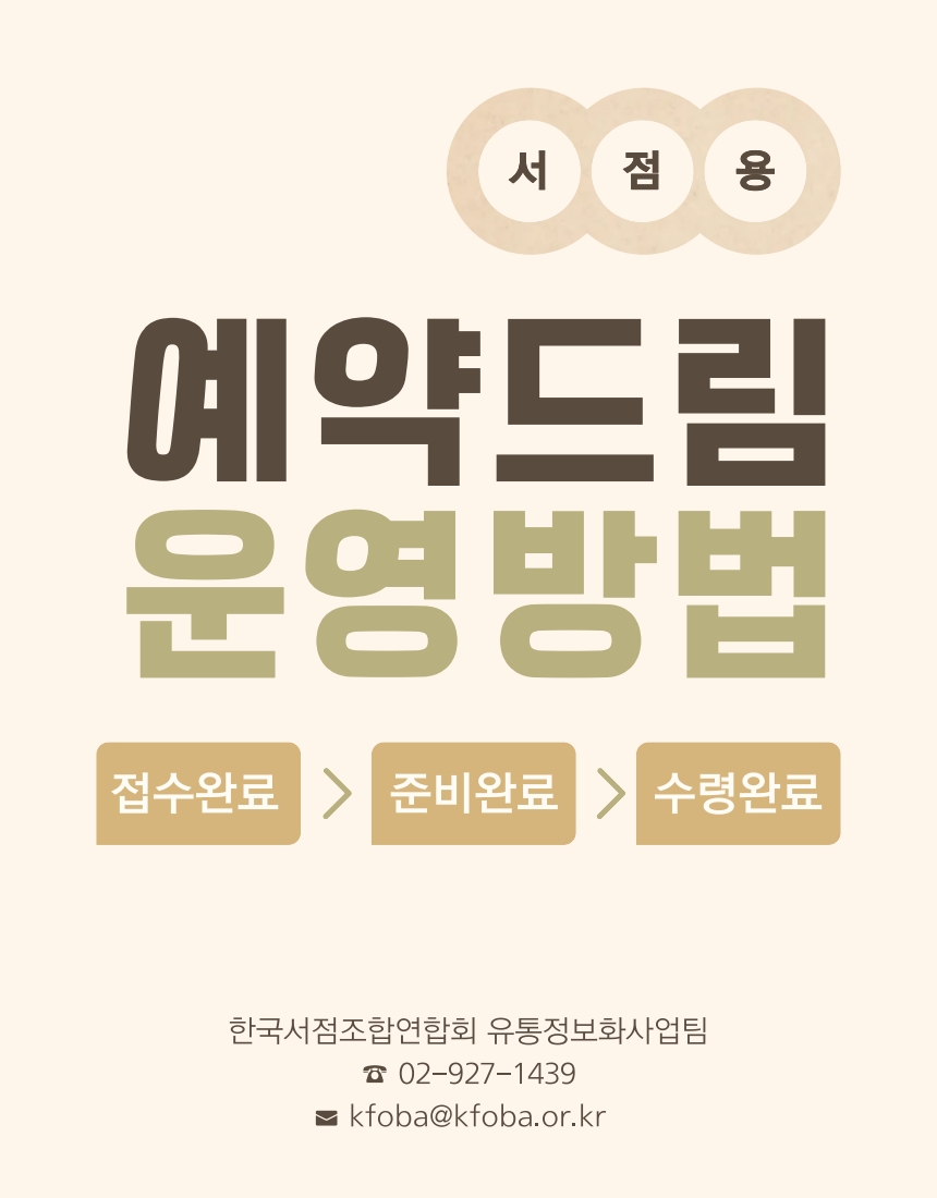 서점용 예약 드림 운영 방법 안내 포스터. 순서는 '접수완료 > 준비완료 > 수령완료'이며, 한국서점조합연합회 유통정보화사업팀의 연락처(02-927-1439, kfoba@kfoba.or.kr)가 하단에 기재되어 있음